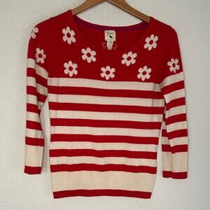 Yumi Knitwear Red Cream Daisy Stripe Sweater Jumper Flower Valentines US 6